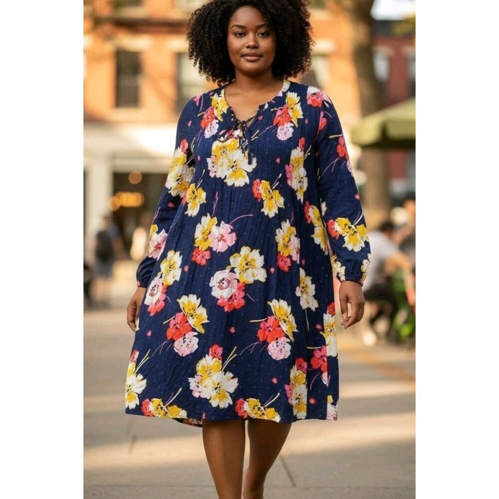 Old Navy Floral Swing Dress Size 2XL Cottagecore Boho Pintuck Pleats Fall